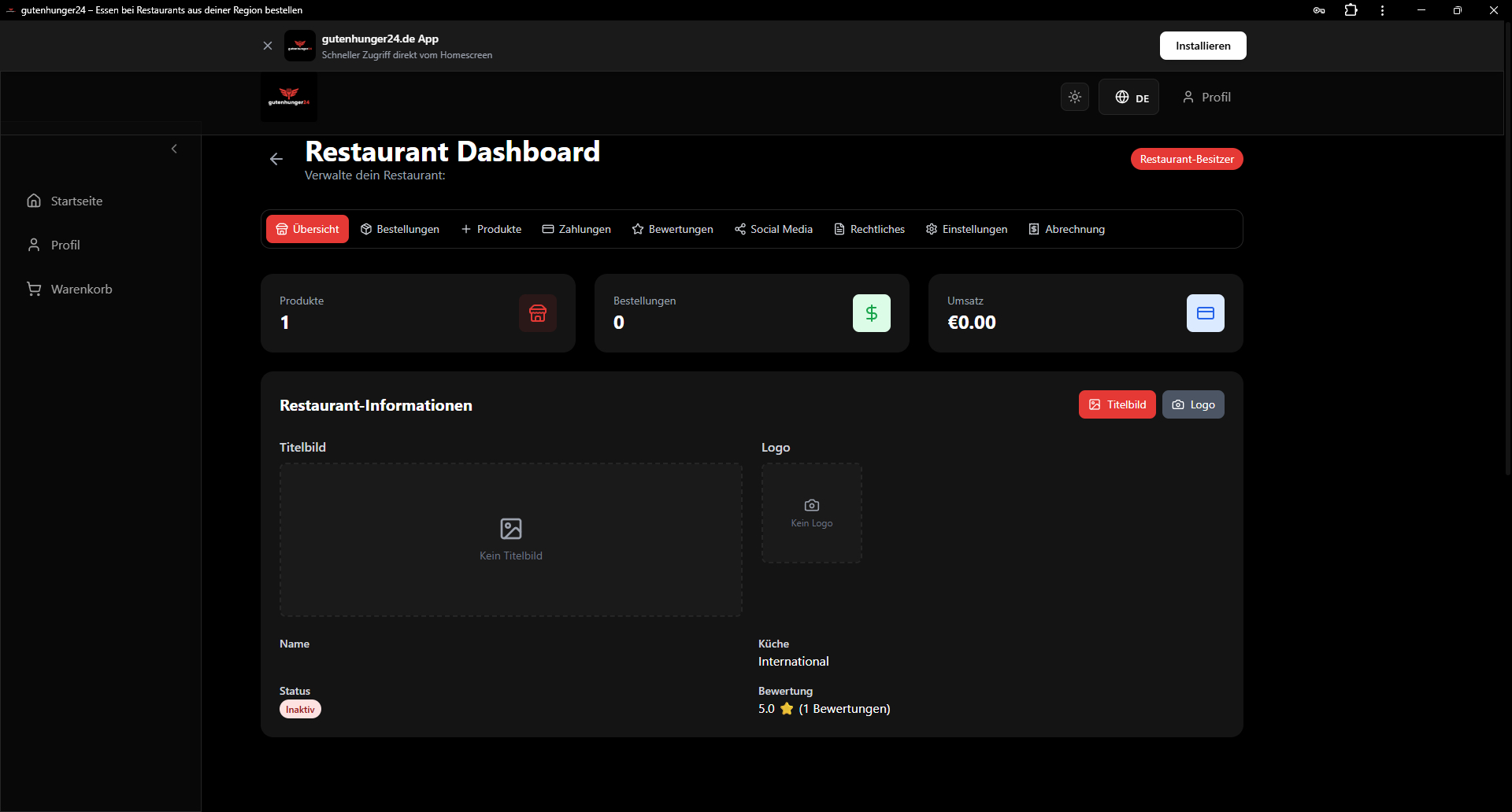 gutenhunger24 Restaurant Dashboard – Bestellungen, Produkte und Umsatz auf einen Blick